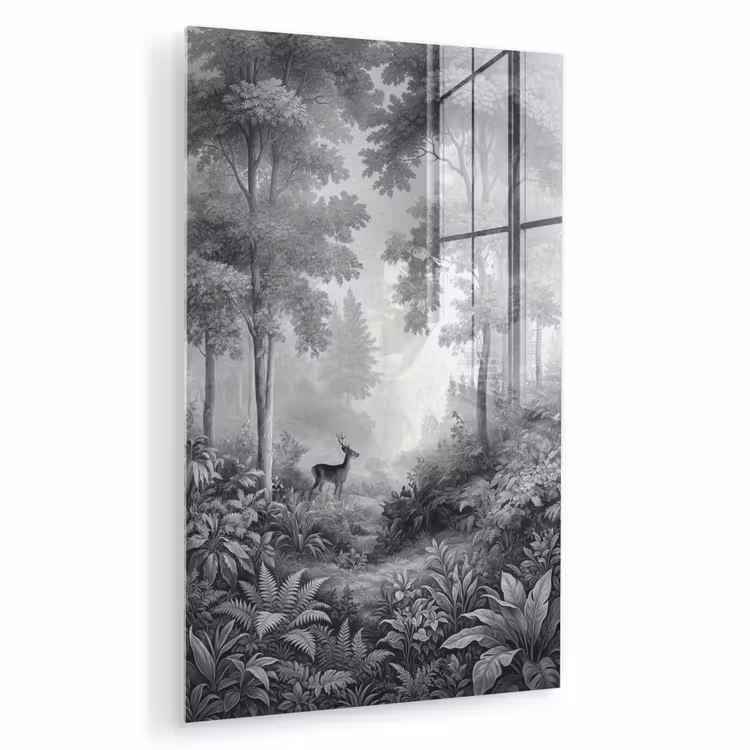 Glas schilderij - Bos - Hert - Zwart - Wit — 1