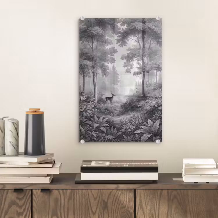 Glas schilderij - Bos - Hert - Zwart - Wit — 2