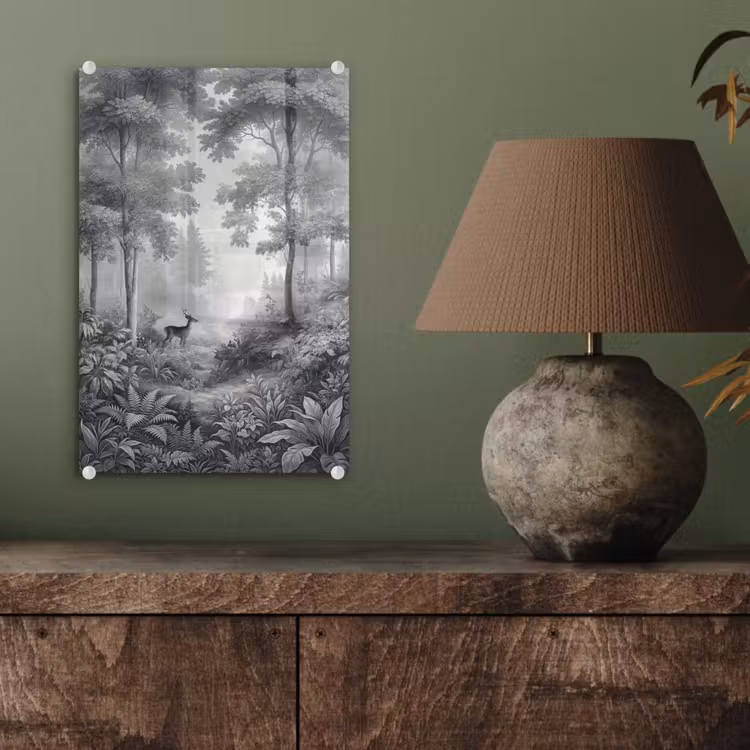 Glas schilderij - Bos - Hert - Zwart - Wit — 4