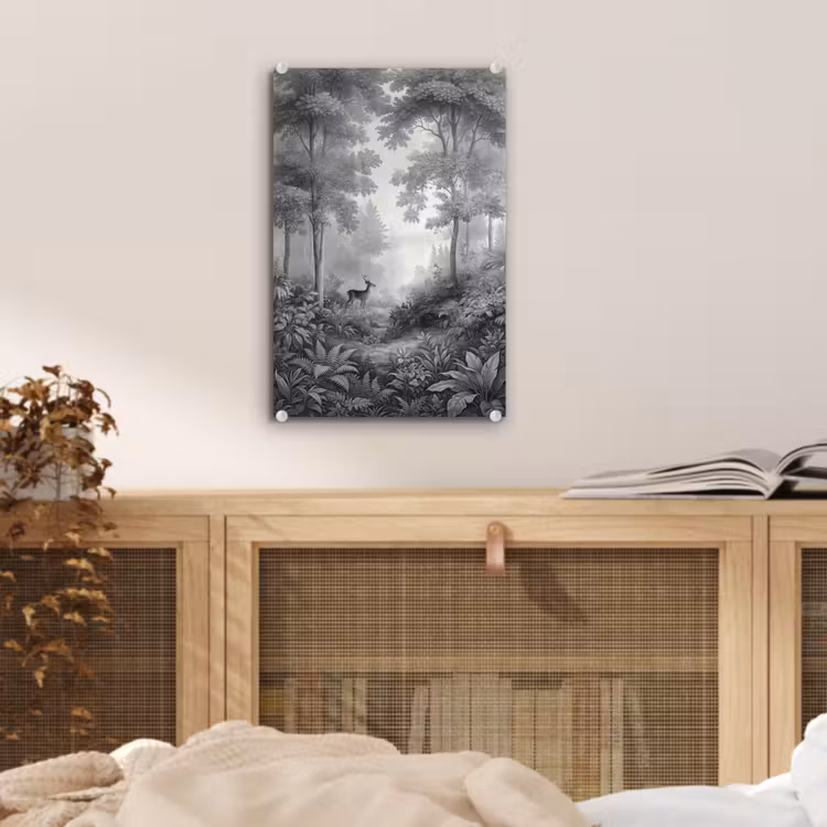 Glas schilderij - Bos - Hert - Zwart - Wit — 5