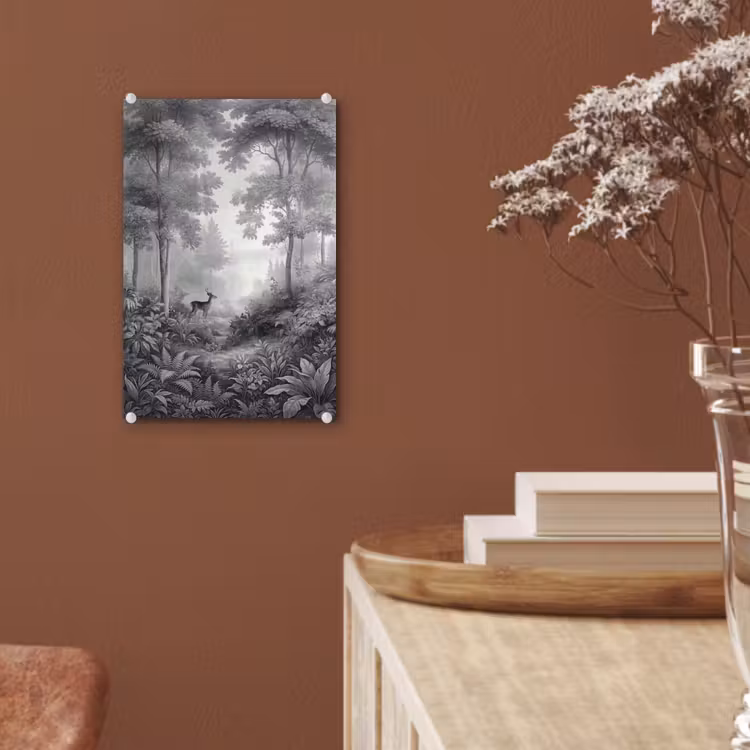 Glas schilderij - Bos - Hert - Zwart - Wit — 6