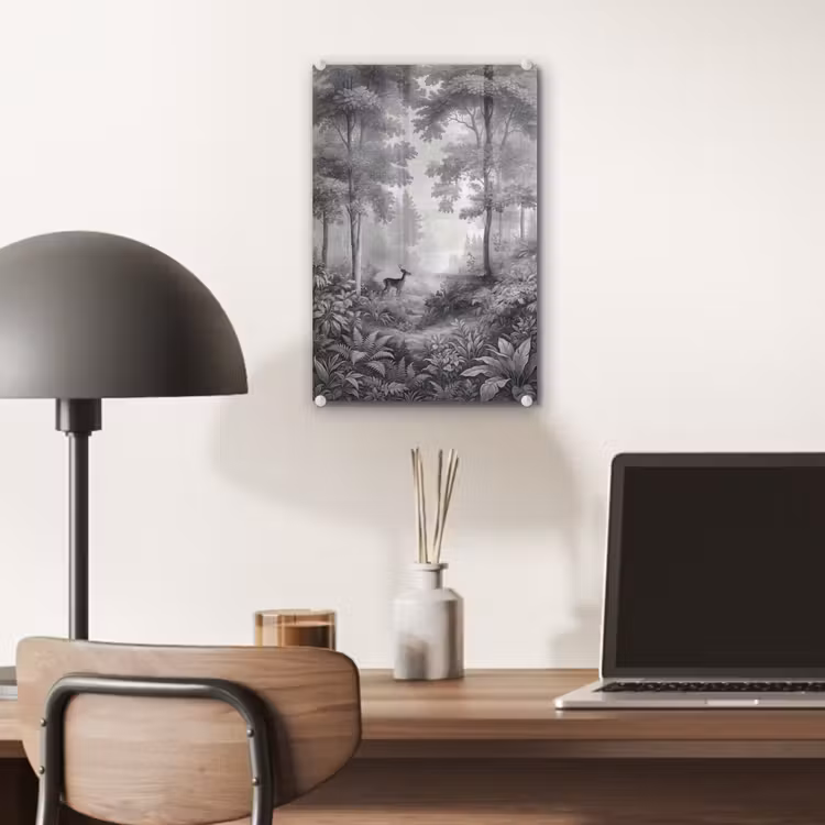 Glas schilderij - Bos - Hert - Zwart - Wit — 7