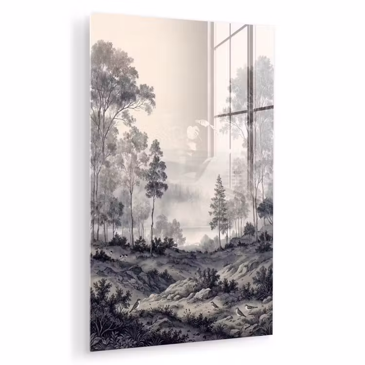 Glas schilderij - Mistig - Berglandschap - Illustratie — 1