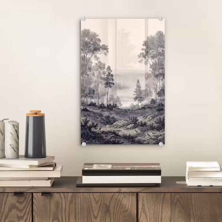 Glas schilderij - Mistig - Berglandschap - Illustratie — 2