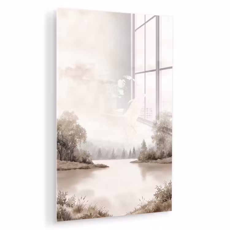 Glas schilderij - Rivierlandschap - Minimalistisch - Aardetinten — 1