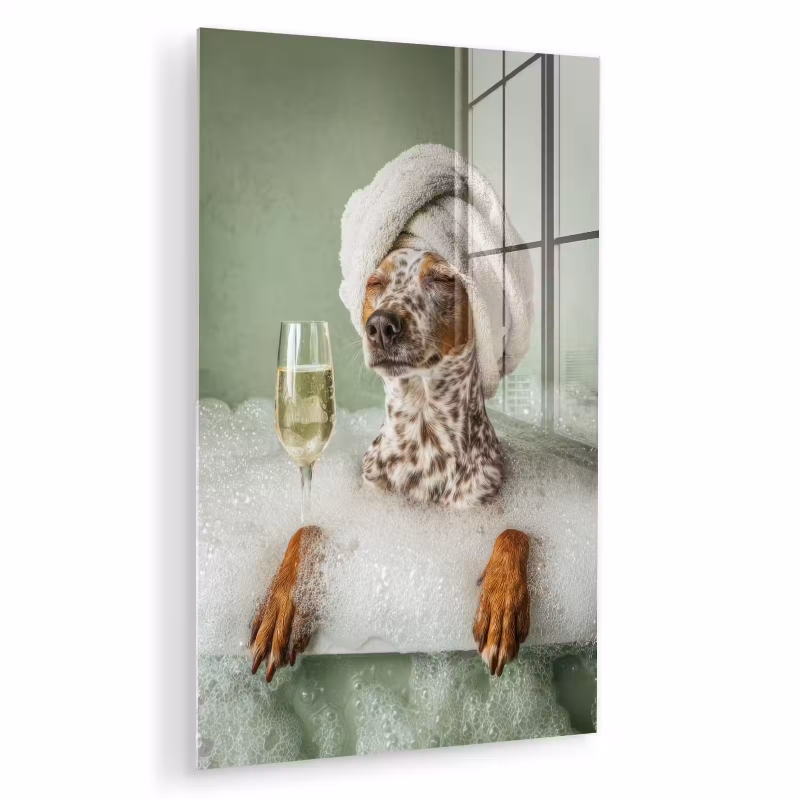 Glas schilderij - Hond - Bad - Champagne - Handdoek — 1