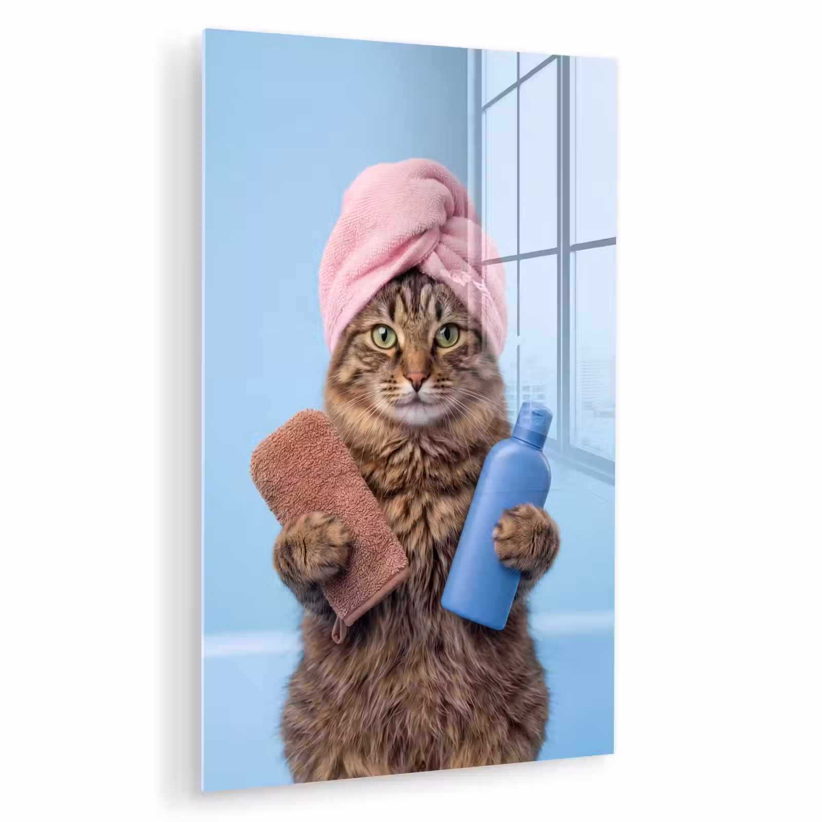 Glas schilderij - Kat - Handdoek - Washand - Zeep — 1