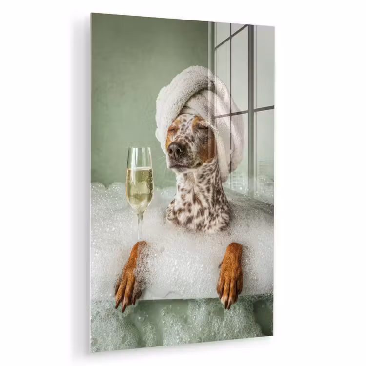 Glas schilderij - Hond - Bad - Champagne - Handdoek — 1