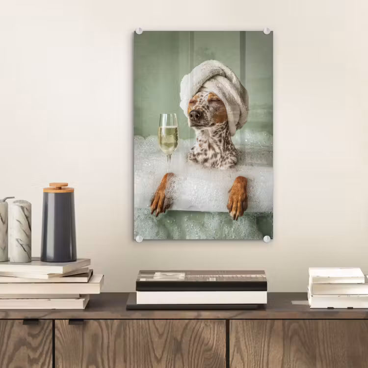 Glas schilderij - Hond - Bad - Champagne - Handdoek — 2