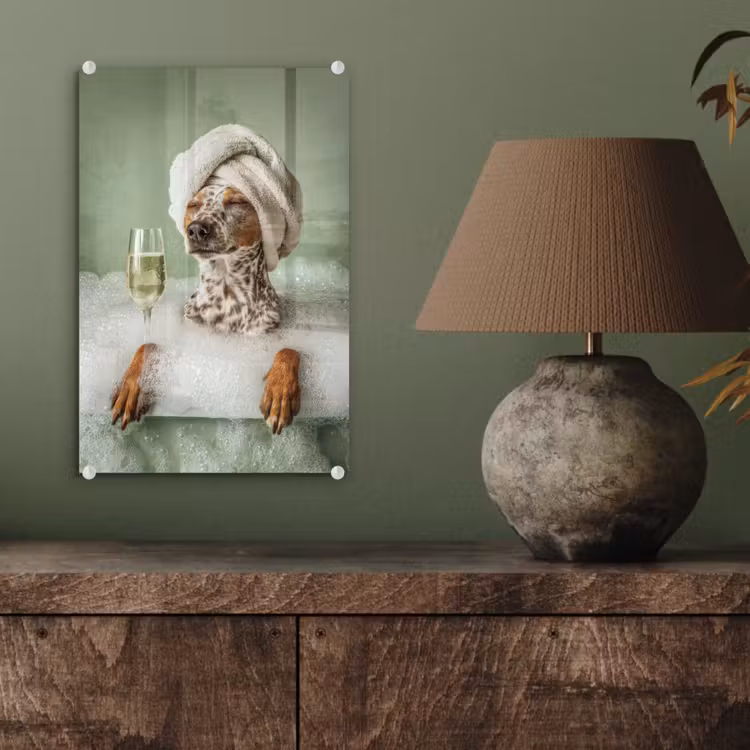 Glas schilderij - Hond - Bad - Champagne - Handdoek — 4