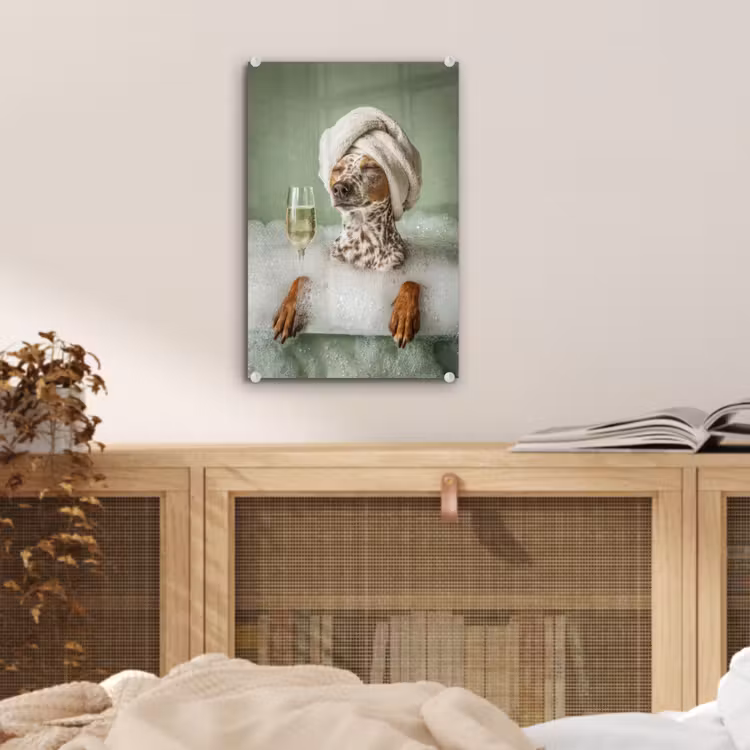 Glas schilderij - Hond - Bad - Champagne - Handdoek — 5
