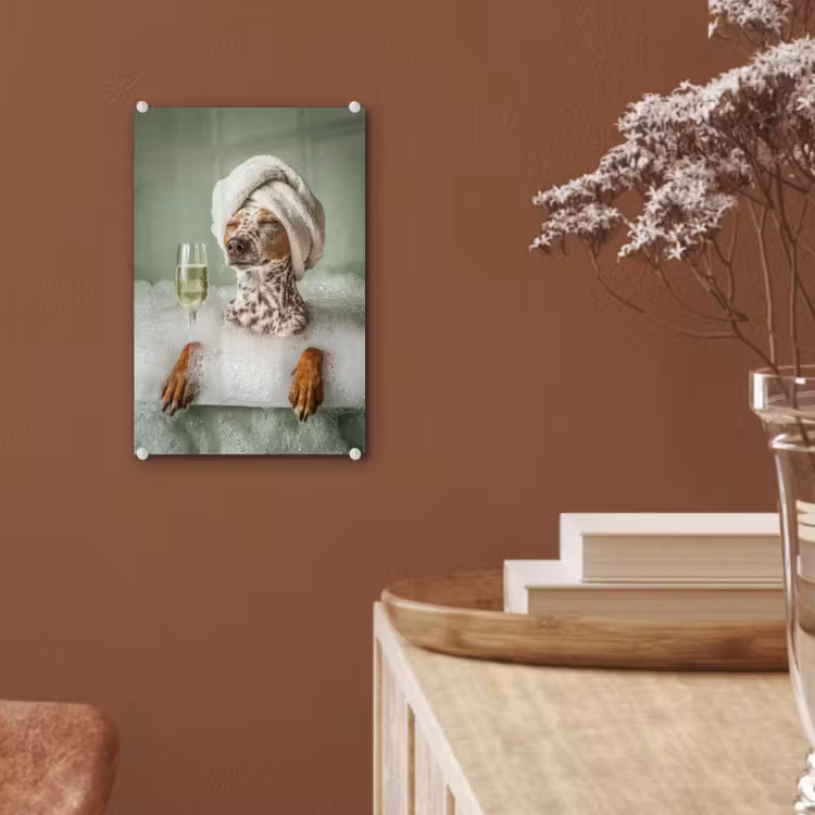 Glas schilderij - Hond - Bad - Champagne - Handdoek — 6