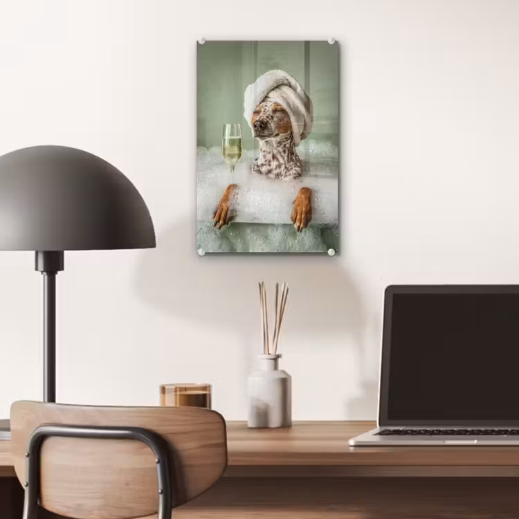 Glas schilderij - Hond - Bad - Champagne - Handdoek — 7