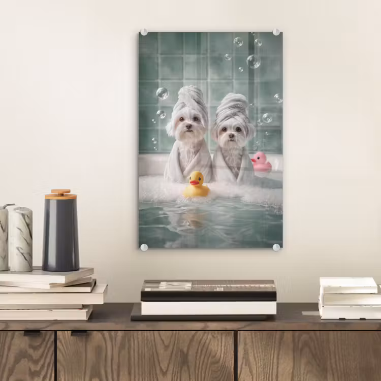 Glas schilderij - Hondjes - Badkuip - Badeendjes - Handdoeken — 2