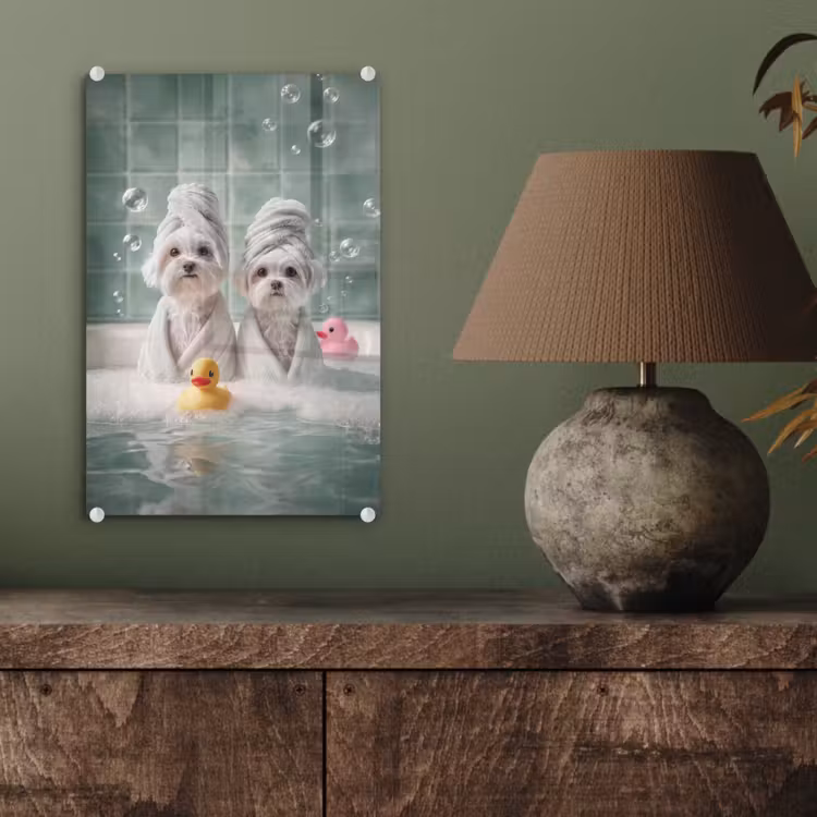Glas schilderij - Hondjes - Badkuip - Badeendjes - Handdoeken — 4