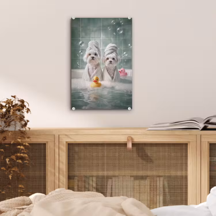 Glas schilderij - Hondjes - Badkuip - Badeendjes - Handdoeken — 5