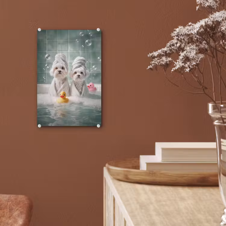 Glas schilderij - Hondjes - Badkuip - Badeendjes - Handdoeken — 6