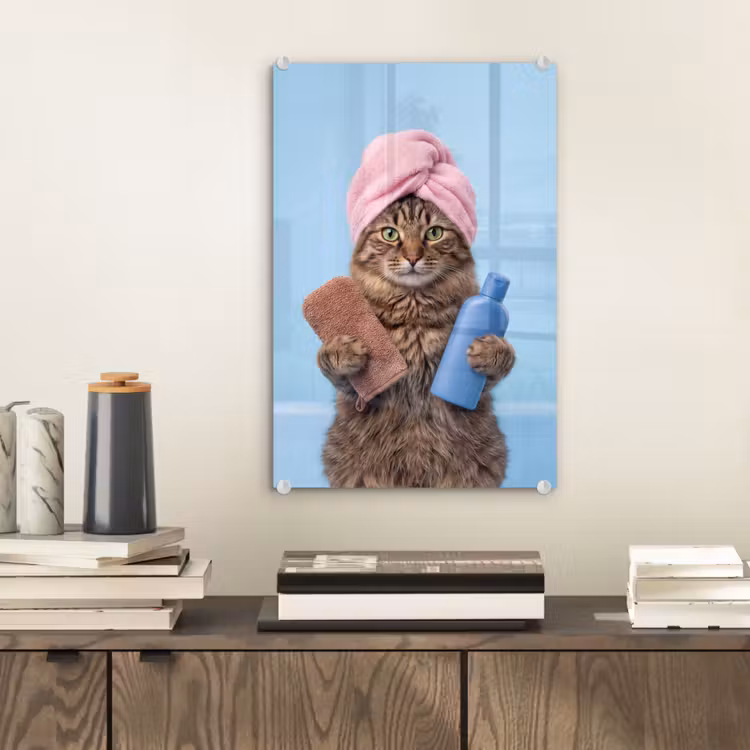 Glas schilderij - Kat - Handdoek - Washand - Zeep — 2