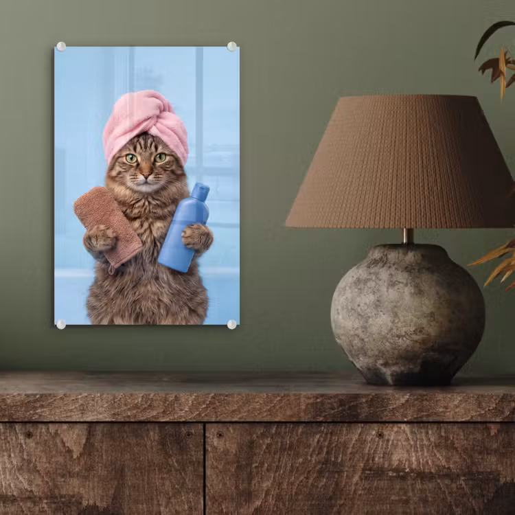 Glas schilderij - Kat - Handdoek - Washand - Zeep — 4