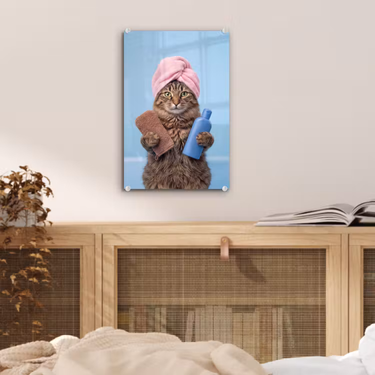 Glas schilderij - Kat - Handdoek - Washand - Zeep — 5