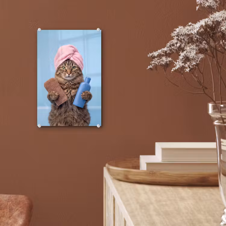 Glas schilderij - Kat - Handdoek - Washand - Zeep — 6