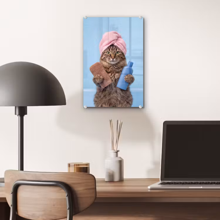 Glas schilderij - Kat - Handdoek - Washand - Zeep — 7