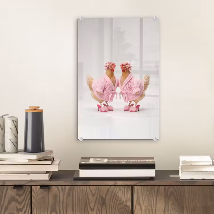 Glas schilderij - Kippen - Badjas - Krukspelden - Hakken — 2