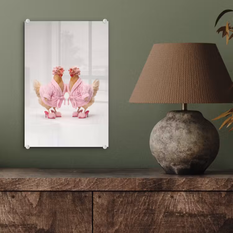 Glas schilderij - Kippen - Badjas - Krukspelden - Hakken — 4
