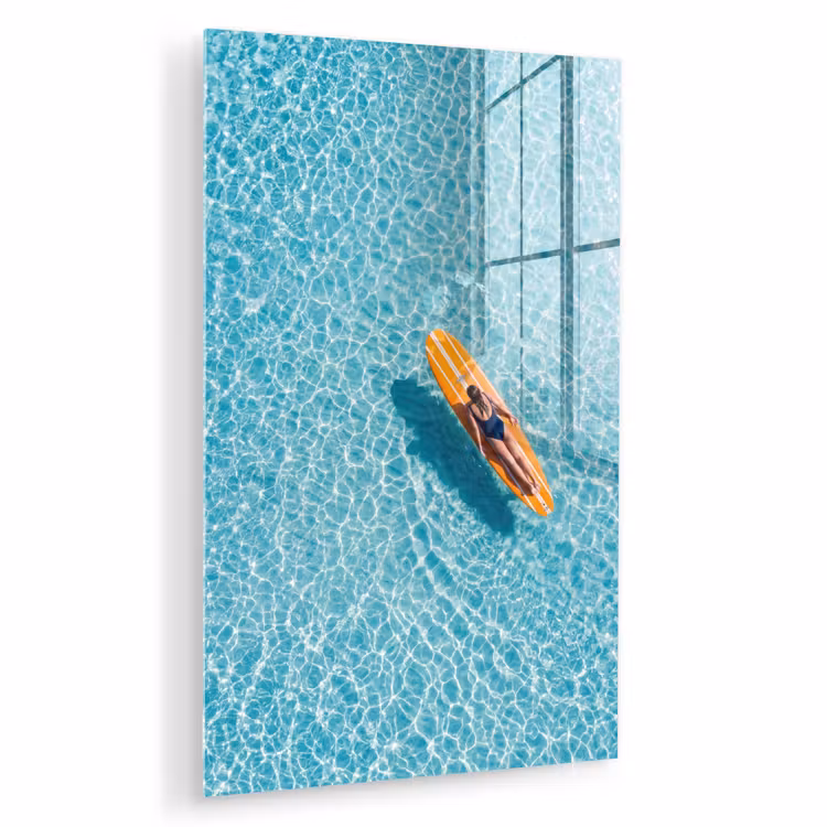 Glas schilderij - Surfboard - Water - Badpak - Oranje — 1