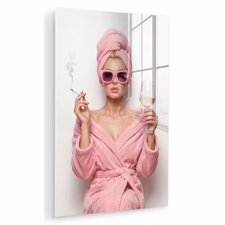 Glas schilderij - Vrouw - Roze - Wijn - Zonnebril — 1