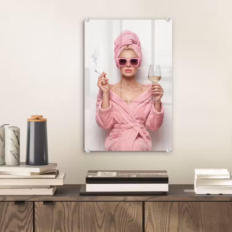 Glas schilderij - Vrouw - Roze - Wijn - Zonnebril — 2