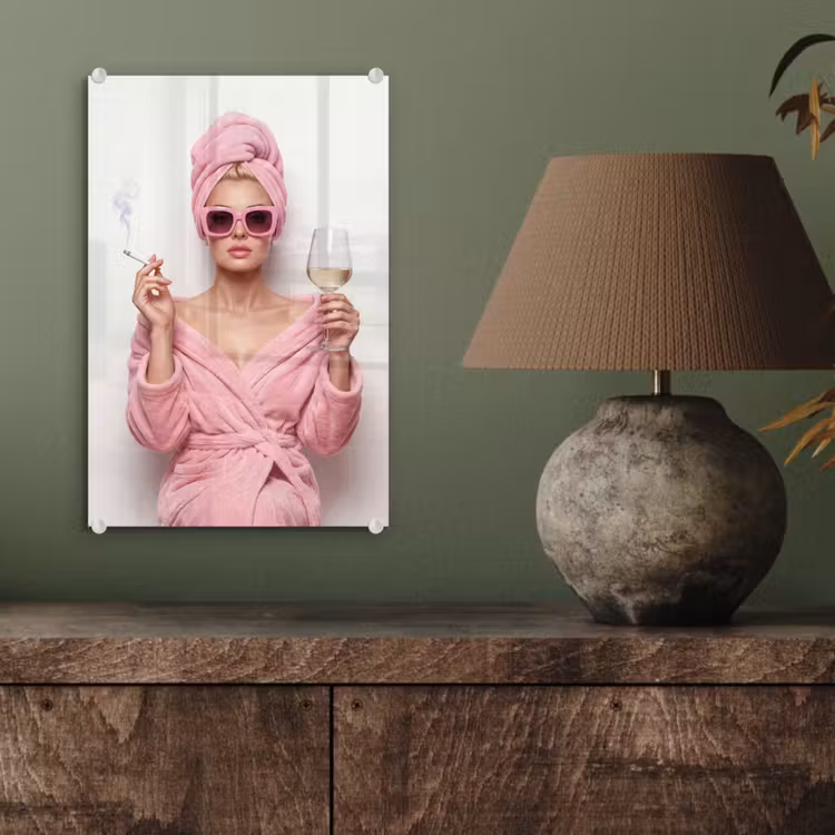 Glas schilderij - Vrouw - Roze - Wijn - Zonnebril — 4