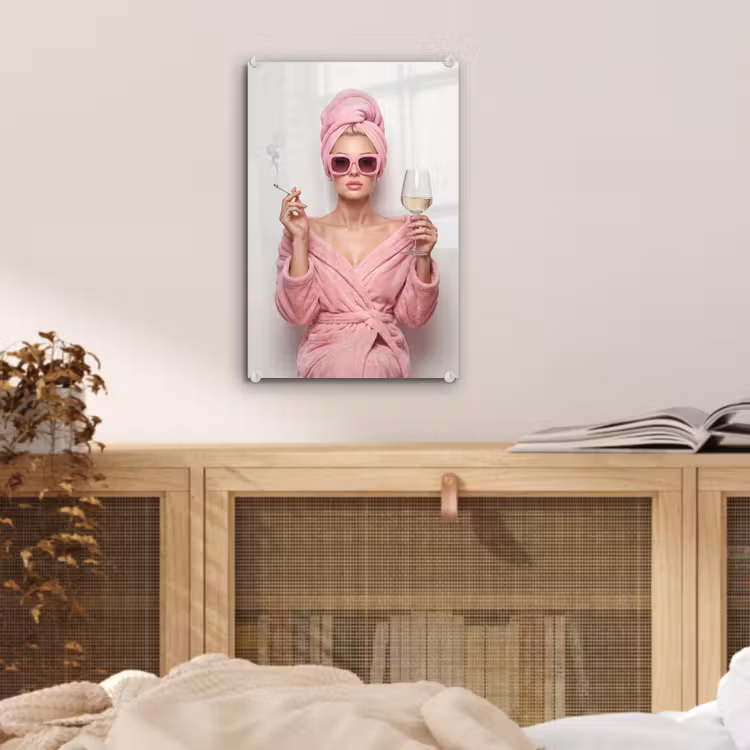 Glas schilderij - Vrouw - Roze - Wijn - Zonnebril — 5