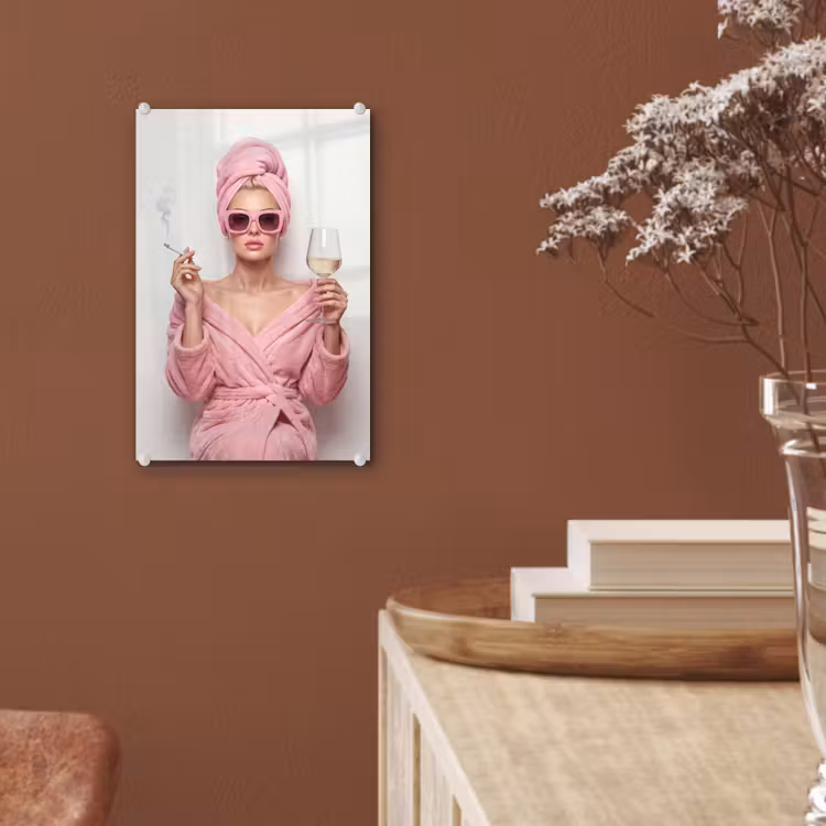 Glas schilderij - Vrouw - Roze - Wijn - Zonnebril — 6