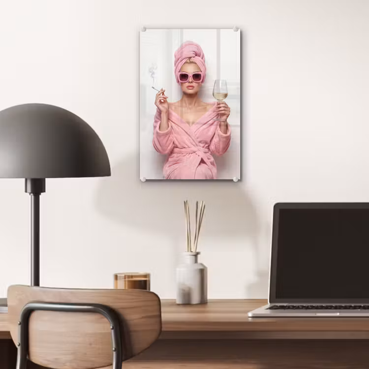 Glas schilderij - Vrouw - Roze - Wijn - Zonnebril — 7