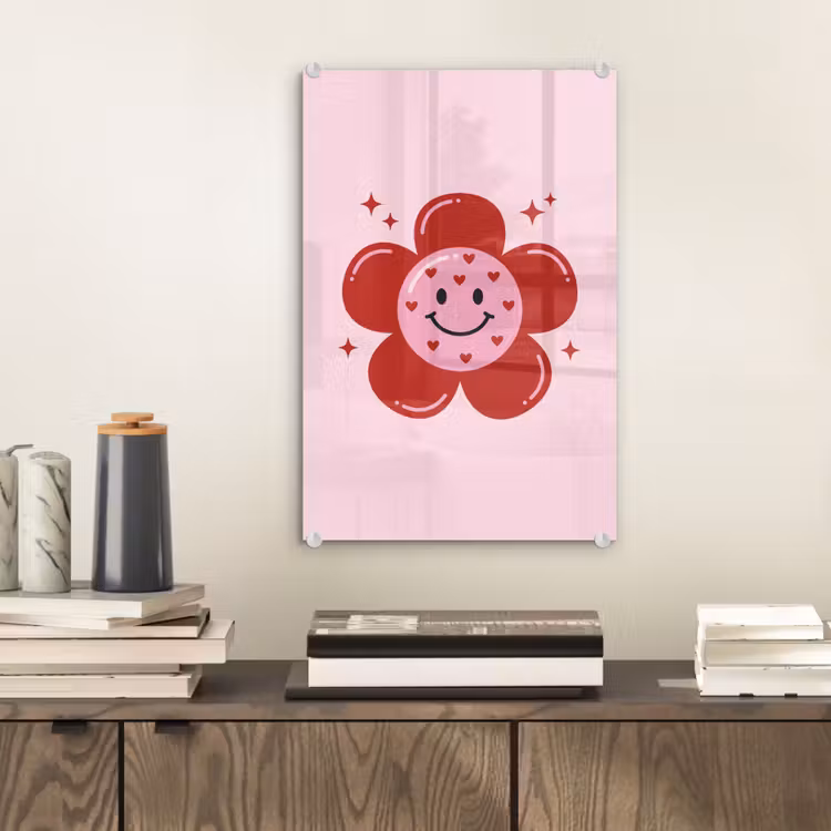 Glas schilderij - Bloem - Roze - Hartjes — 2
