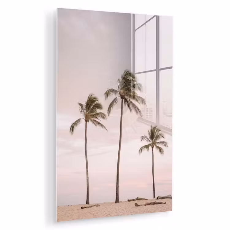 Glas schilderij - Palmbomen - Zonsondergang - Roze — 1
