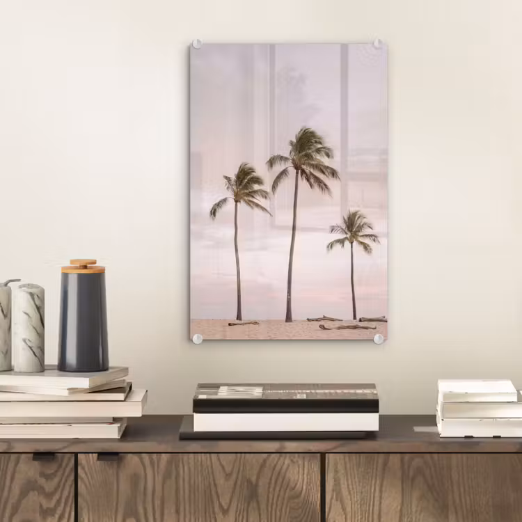 Glas schilderij - Palmbomen - Zonsondergang - Roze — 2