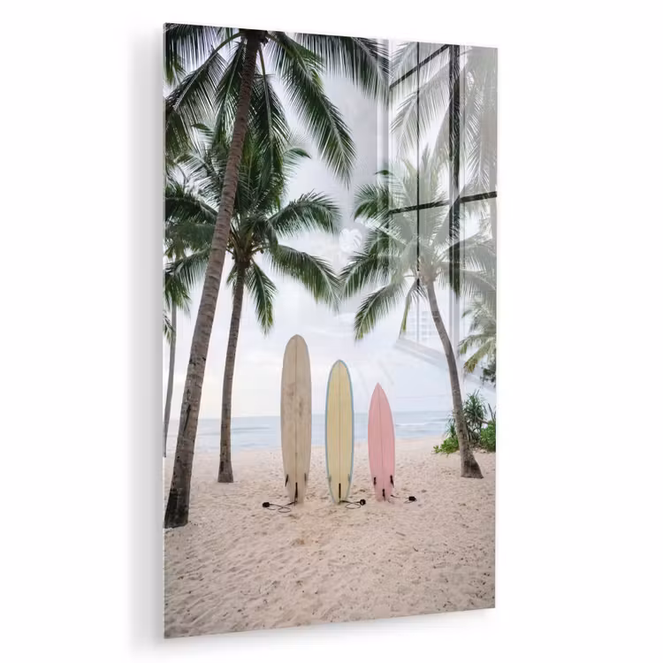 Glas schilderij - Surfboard - Palmbomen - Kleurrijk — 1