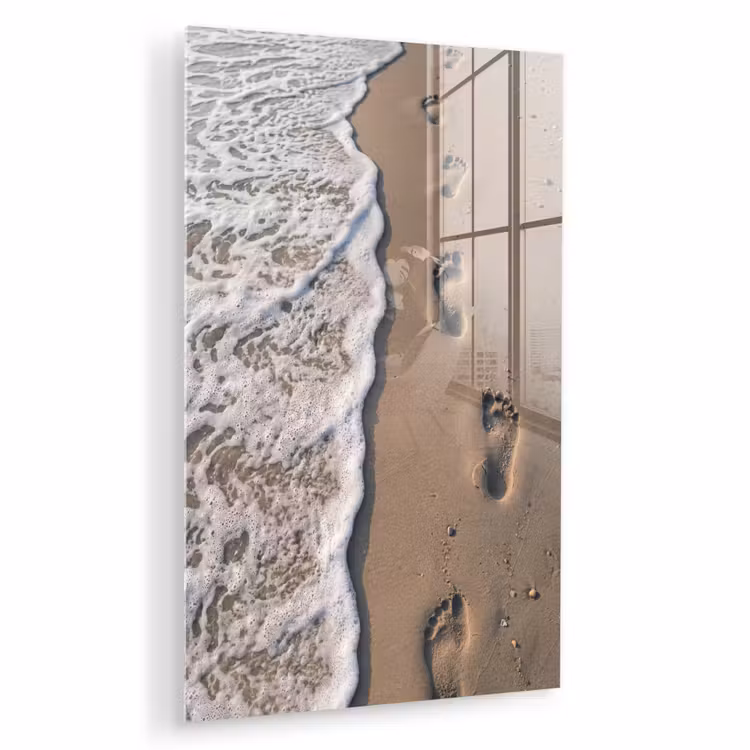 Glas schilderij - Voetstappen - Vloedlijn - Zee — 1