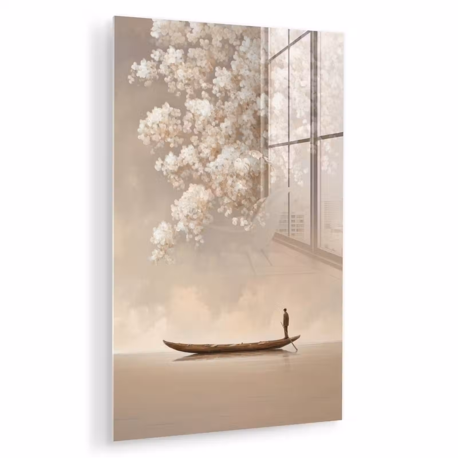 Glas schilderij - Bloesems - Wit - Boot - Minimalistisch — 1