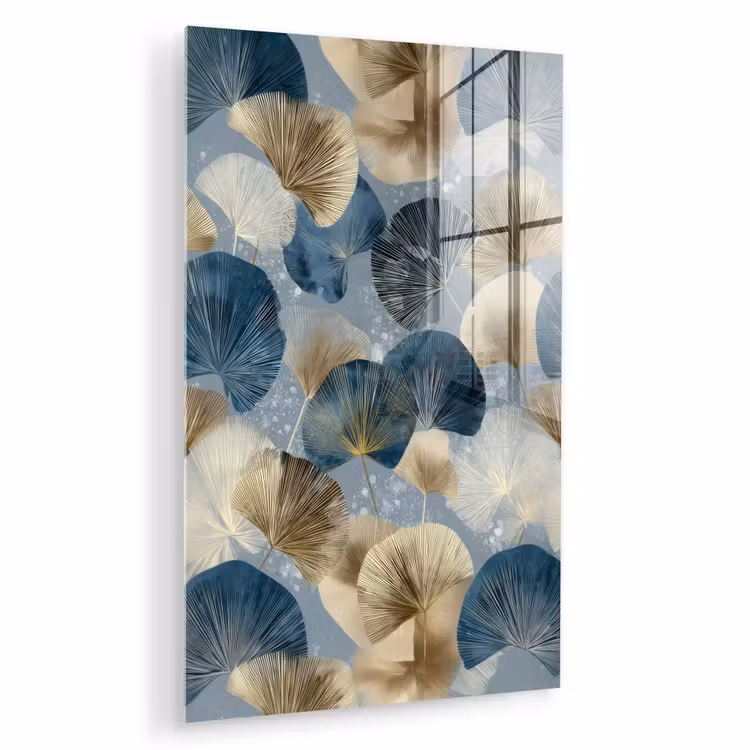 Glas schilderij - Bladeren - Abstract - Goud - Blauw — 1
