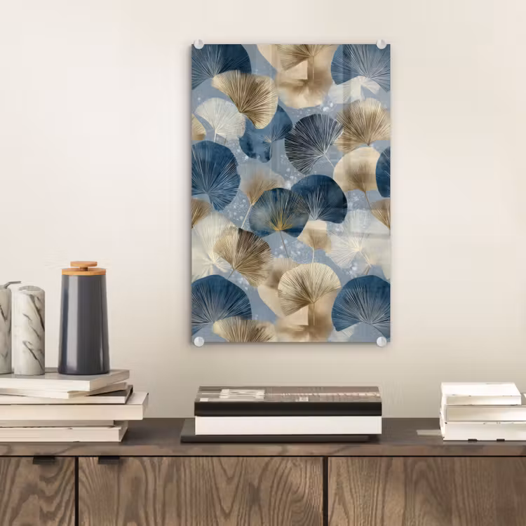 Glas schilderij - Bladeren - Abstract - Goud - Blauw — 2