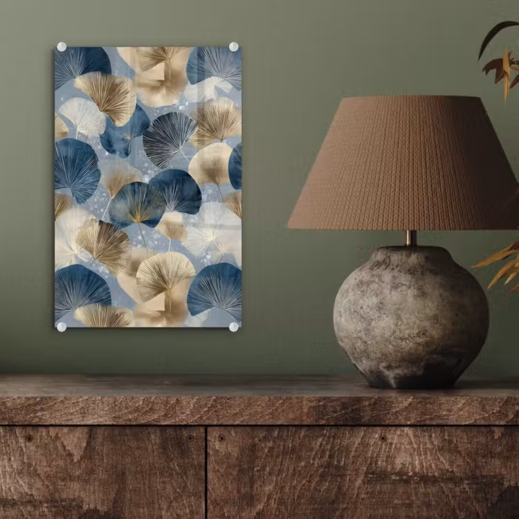 Glas schilderij - Bladeren - Abstract - Goud - Blauw — 4
