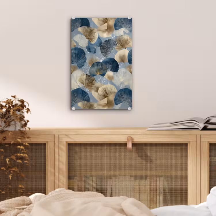 Glas schilderij - Bladeren - Abstract - Goud - Blauw — 5