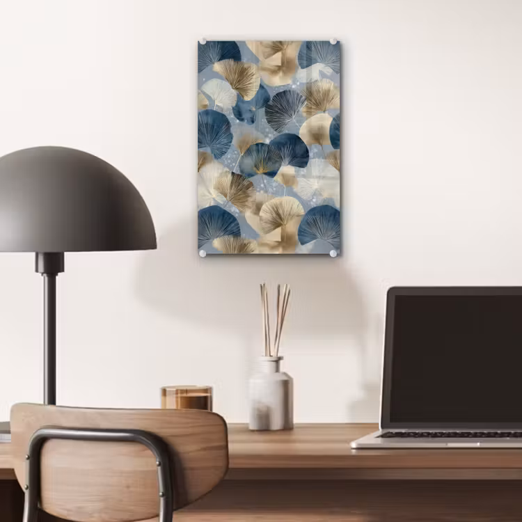 Glas schilderij - Bladeren - Abstract - Goud - Blauw — 7
