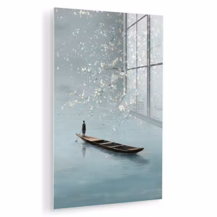 Glas schilderij - Bloesems - Minimalistisch - Wateroppervlak - Boot — 1