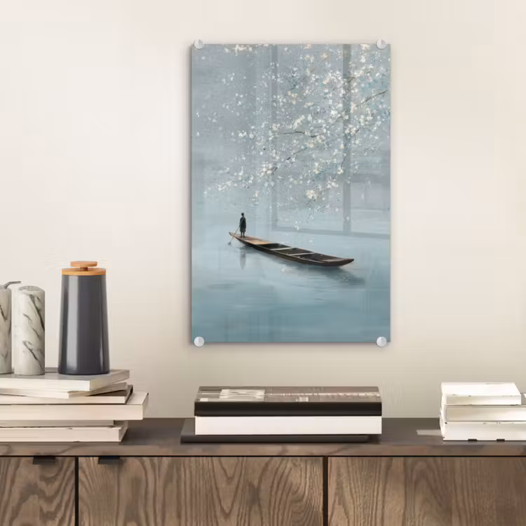 Glas schilderij - Bloesems - Minimalistisch - Wateroppervlak - Boot — 2