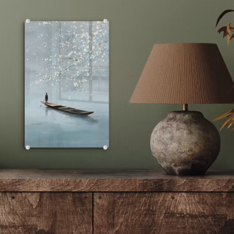 Glas schilderij - Bloesems - Minimalistisch - Wateroppervlak - Boot — 4