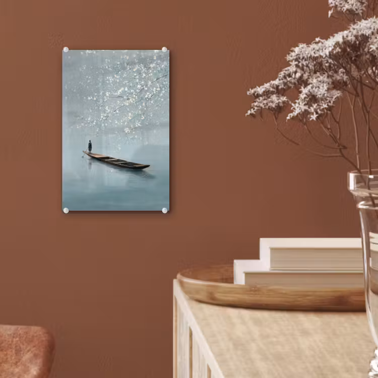 Glas schilderij - Bloesems - Minimalistisch - Wateroppervlak - Boot — 6